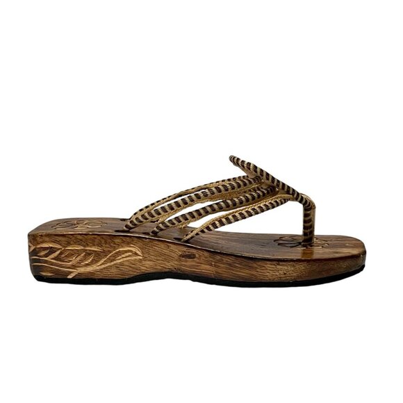 Carved Wooden Japanese Inspired Raffia Flip Flop Platform Thong Sandals Sz 6/6.5 - Picture 9 of 9